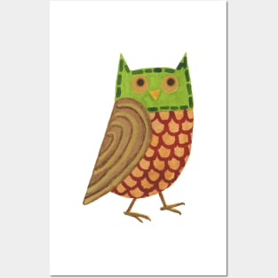 Owl Watercolor in Green Red Gold and Brown - Cute Baby Owlet Posters and Art